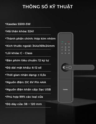 Khóa vân tay s500 kaadas 9 Khóa Vân Tay S500-5W Các Tính Năng